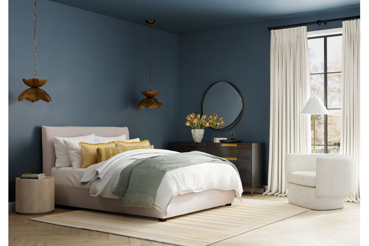 Gold and light store blue bedroom